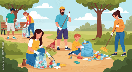 Community volunteers participating in a park clean-up event on a sunny day