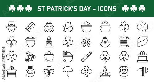 Collection of black outline icons representing various traditional symbols and elements associated with the beloved Saint Patrick's Day celebration