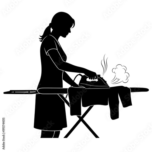 Woman ironing clothes on ironing board isolated on transparent background.