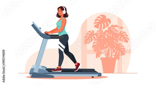 Woman Running on Treadmill in a Room with Plants and Modern Fitness Equipment from a Side View
