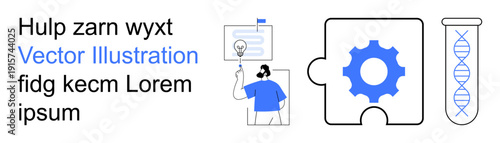 Education, innovation, teamwork, analysis, research, and problem-solving. Features a gear puzzle piece, test tube with DNA and person presenting a concept diagram. Innovation and teamwork focus