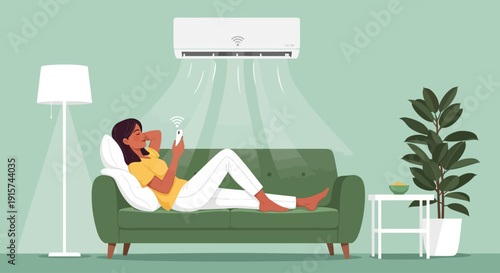 Woman relaxing on a green sofa under a cooling air conditioner unit in a serene indoor environment
