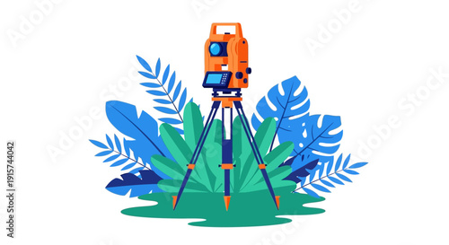 Survey equipment on tripod surrounded by foliage in outdoor environment from front view