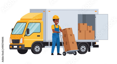 Delivery man in uniform unloading packages from a large truck onto a dolly