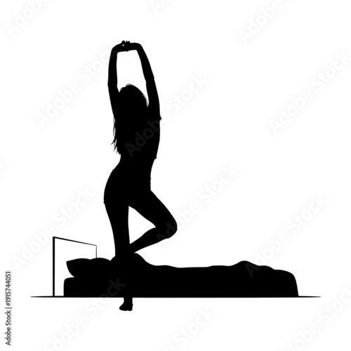 Woman doing yoga on a bed isolated on transparent background.