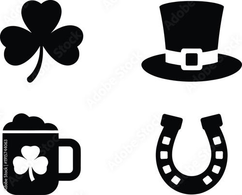 Collection of black and white silhouette icons representing Irish culture including a shamrock beer mug top hat and horseshoe.