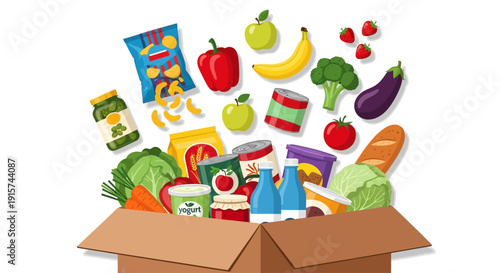 Assorted fresh produce and packaged goods overflowing from a cardboard box viewed from above in a casual setting