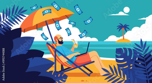 A person relaxing on a beach chair under a vibrant umbrella surrounded by floating banknotes near a serene ocean with palm trees