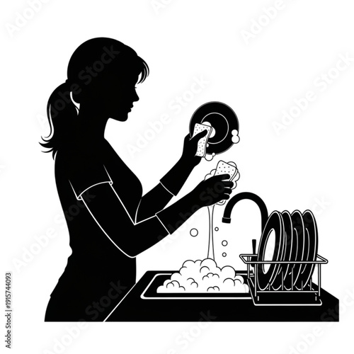 Woman washing dishes in kitchen sink isolated on transparent background.