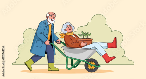 Elderly man pushing elderly woman in a wheelbarrow through a garden landscape from a low-angle viewpoint