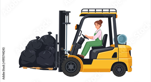 A woman operating a yellow forklift with a load of black bags in an industrial setting viewed from the side.