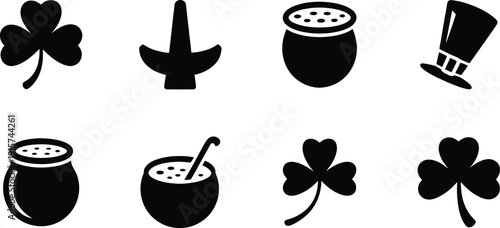 A collection of black and white silhouette icons representing St Patricks day including shamrocks gold pots and a festive hat.