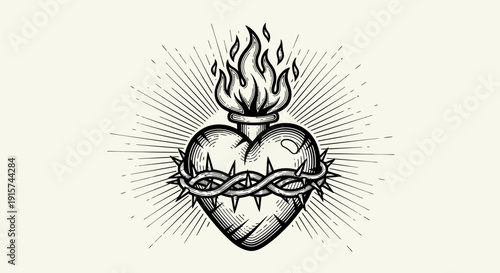 A flaming heart wrapped in thorns radiates light, symbolizing divine love and sacrifice in a monochromatic illustration from a front viewpoint