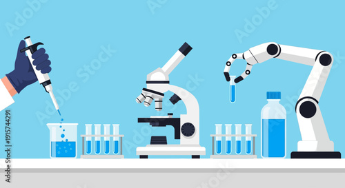 Scientist conducting experiment with robotic arms and microscope in laboratory setting