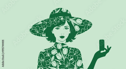 Stylish woman in floral outfit taking selfie with smartphone