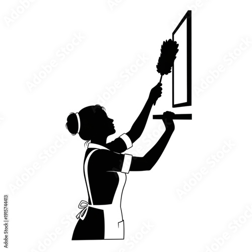 Woman cleaning a window with duster isolated on transparent background.
