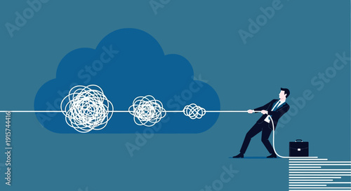 A businessman in a suit pulls a cloud with a rope, symbolizing control over data and technology in a modern digital landscape from a side viewpoint
