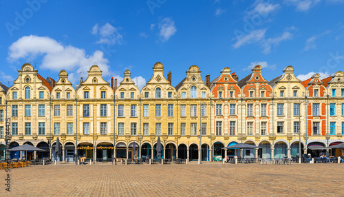 Panorama of Arras old town with Flemish-Baroque-style townhouses buildings on La Petite market Place des Heros Heroes Square in city center, panoramic view of houses in Arras city centre, France