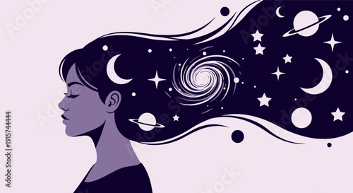 Woman with hair flowing into celestial space with stars and planets