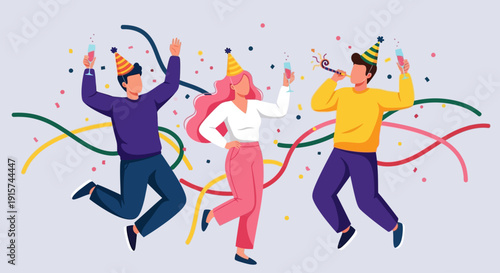 Three people celebrating a joyful occasion together, surrounded by colorful streamers and confetti, capturing a lively party atmosphere from a dynamic viewpoint.