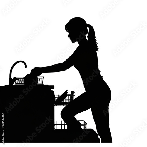 Woman Washing Dishes at Kitchen Sink isolated on transparent background.