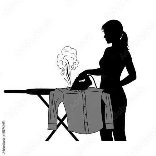 Woman ironing a dress shirt isolated on transparent background.