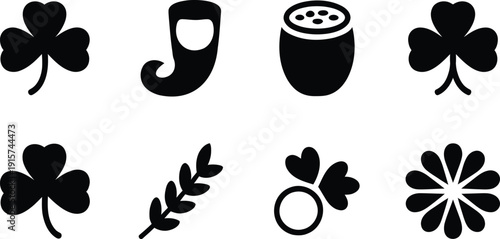 Collection of eight black silhouette icons representing various festive themes including shamrocks leprechaun accessories and floral elements