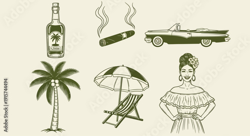 Vintage summer illustration of a lady, palm tree, and classic car