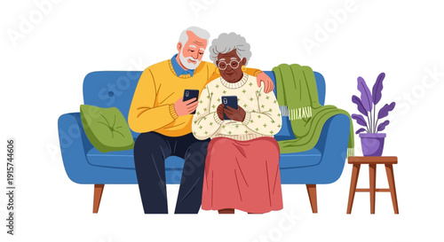 Elderly couple sitting together on a blue couch, using digital devices, domestic scene from a front viewpoint