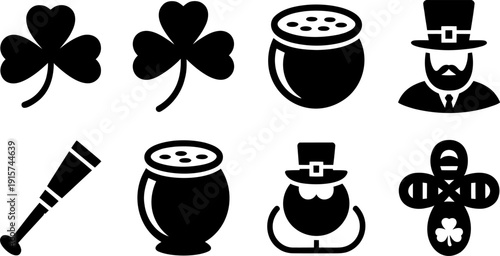 Collection of black and white icons representing traditional symbols associated with Saint Patrick's Day celebrations and Irish culture.