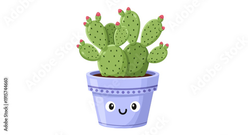 A cartoon cactus in a smiling pot viewed from the front with a happy face and green spines