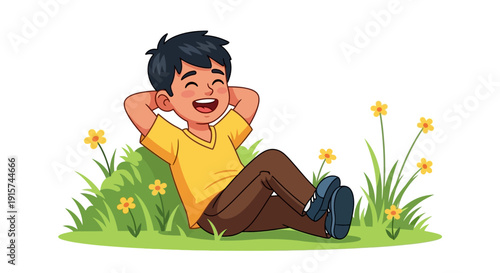A young man relaxing in a lush green meadow surrounded by vibrant yellow flowers, enjoying the serene landscape from a reclined viewpoint.