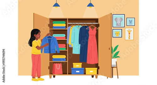 Woman selecting clothes from a wooden wardrobe in a well-lit dressing room interior