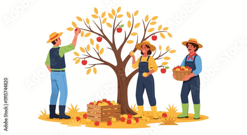 Farmers harvesting apples from a tree in an orchard on a sunny autumn day