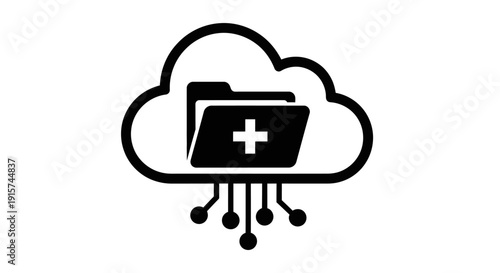 Cloud storage folder with medical file and data transfer in simple graphic illustration