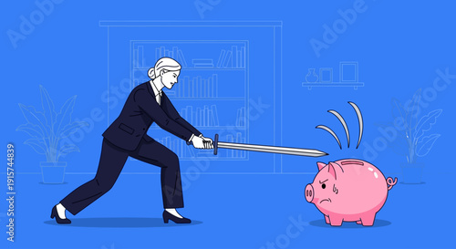 A woman in a suit smashing a piggy bank with a hammer in a graphic illustration