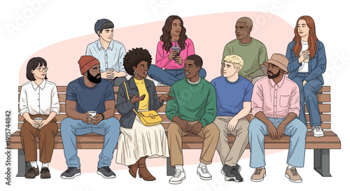 Diverse group of people sitting together on a bench in a relaxed atmosphere from a frontal viewpoint