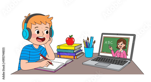 A young boy attends an online class on his laptop, engaging with the teacher remotely while sitting at a desk