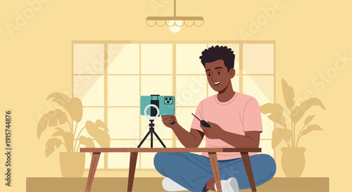 Man creating content with smartphone and tripod in a modern indoor setting with natural light