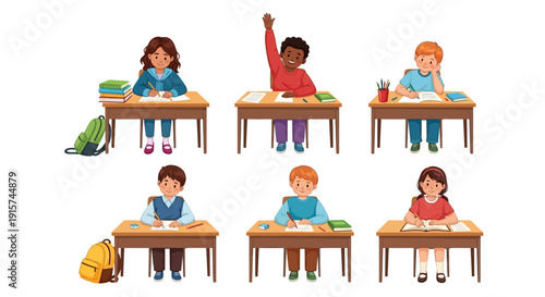 Students sitting at desks in a classroom with one raising their hand