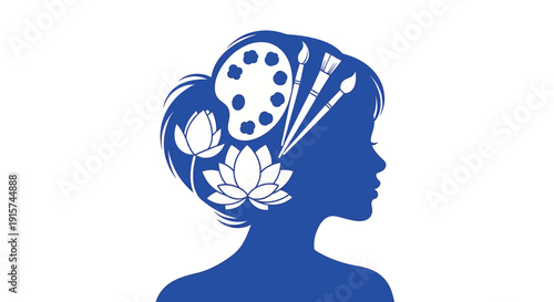 Creative woman silhouette with art supplies and lotus flower
