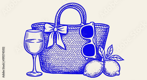 Woven straw bag, sunglasses, and wine glass placed beside peaches on a table, capturing a serene moment in a leisure setting