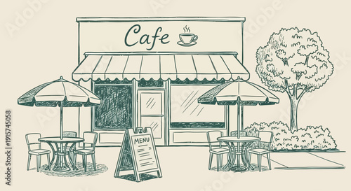 A sketch of a charming cafe with outdoor seating and a tree nearby viewed from the street
