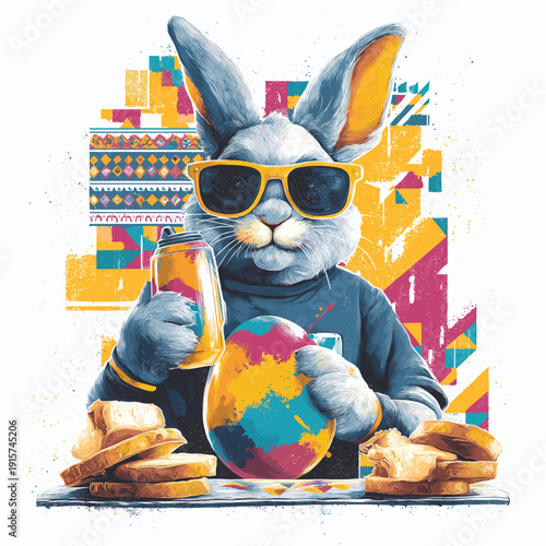 Cool cartoon rabbit wearing sunglasses holding Easter egg poster. Cartoon rabbit wearing sunglasses holding a colorful graffiti-painted Easter egg with traditional food