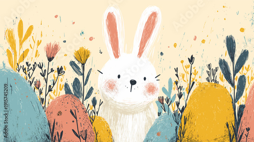 Happy Easter bunny finding colorful eggs in spring field banner. Cute bunny standing among pastel colored Easter eggs and stylized spring plants