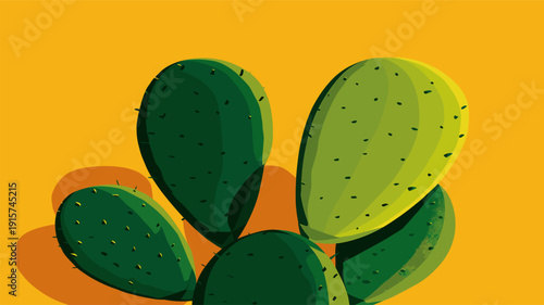 Nopal cactus pads growing with vibrant yellow background. Nopal cactus pads featuring simple graphic shape and casting shadow on yellow wall