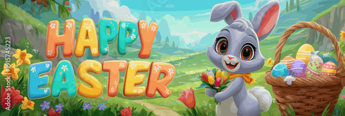 Happy Easter text with smiling bunny holding colorful eggs and tulips. Easter banner. Cute rabbit holding a basket of decorated Easter eggs and spring flowers in blooming landscape
