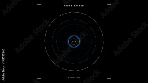 A digital radar system display with concentric circular lines on a black background