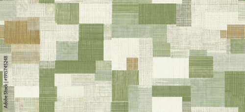 Patchwork geometric pattern creating a seamless textured background. Seamless collage of muted sage and khaki rectangular shapes with woven fabric texture