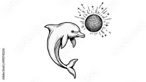 hand drawn dolphin jumping towards a disco ball with sparkles, monochrome sketch style, for party invitations, music blogs and creative ocean-themed designs